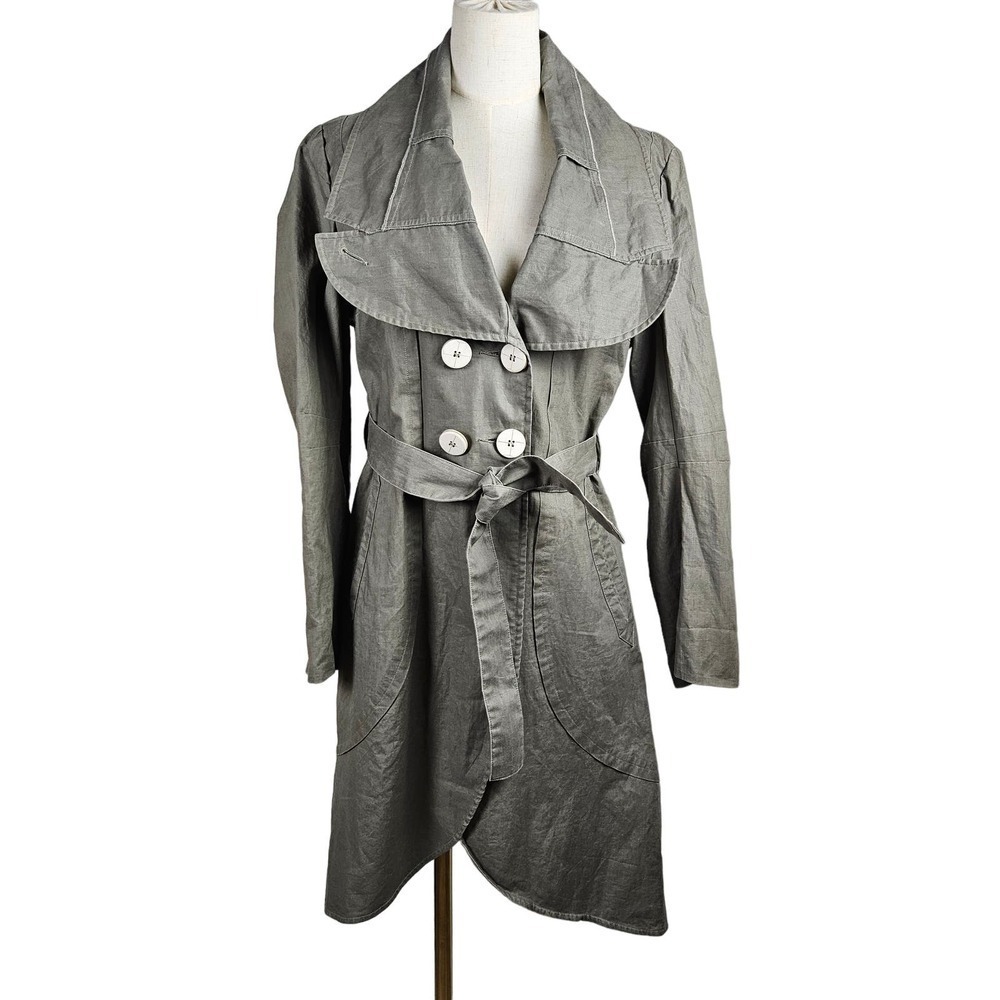 One Step Linen Belted Peacoat Jacket Women's Sz 42 L Taupe Grey Artsy